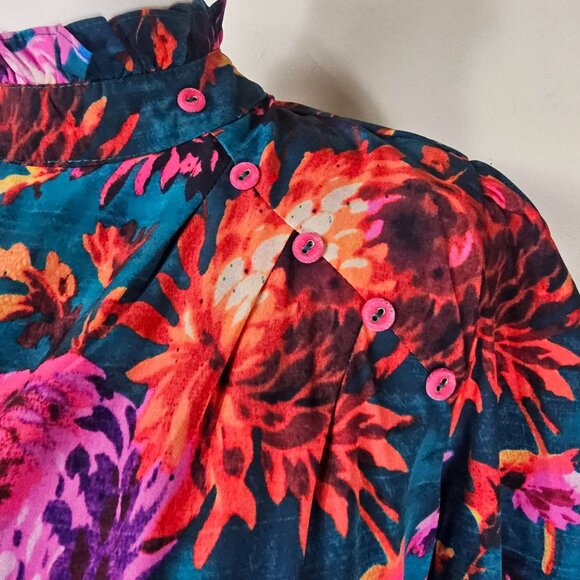 Hope & Ivy Green‎ Floral Midi Dress 8 High Neck Vibrant Bloomcore Button Detail - Picture 4 of 16